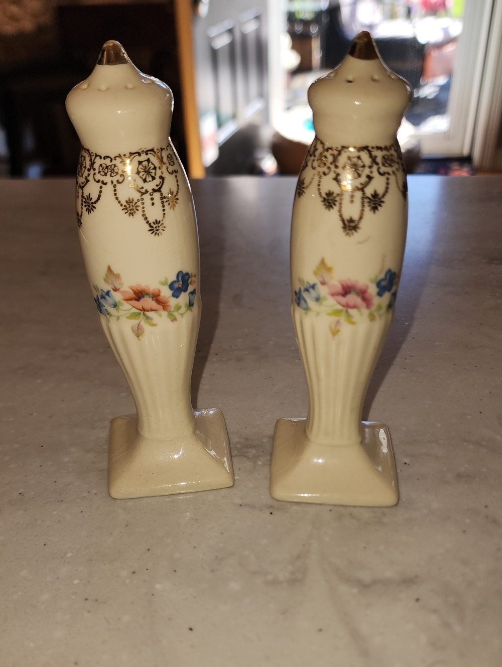 Vintage 1930 Cream Floral Porcelain Salt and Pepper Set with 22 carat Gold